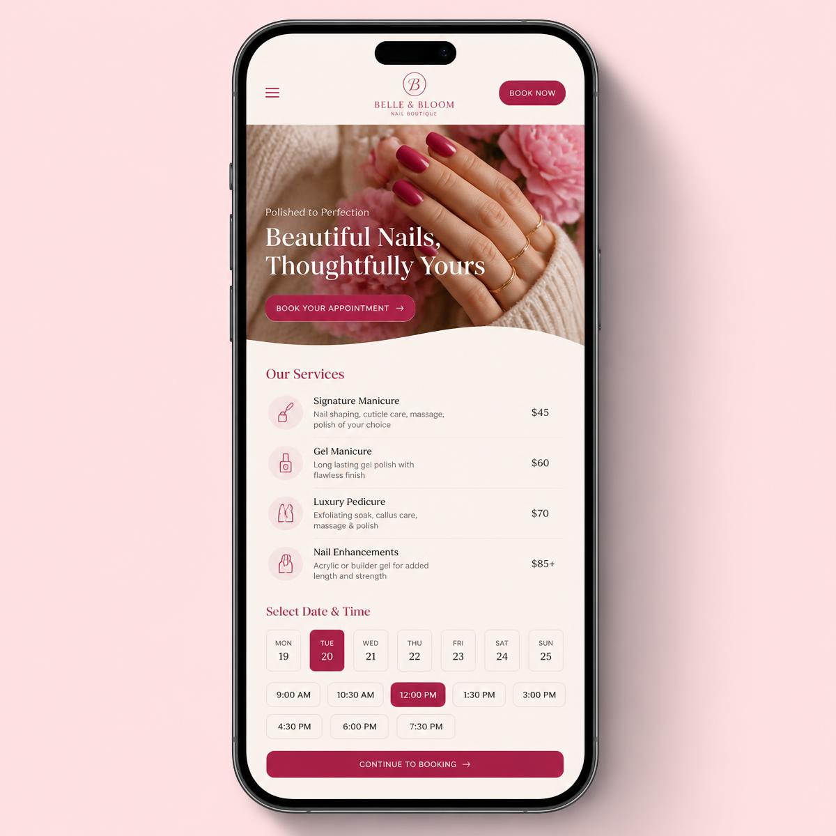 Rervva client booking page on a phone showing services and available times