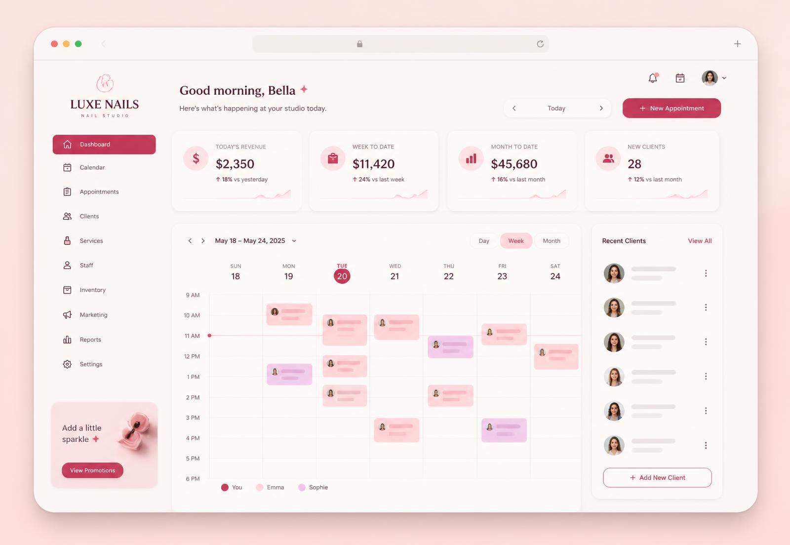 Rervva dashboard showing revenue, today's appointments and recent client activity